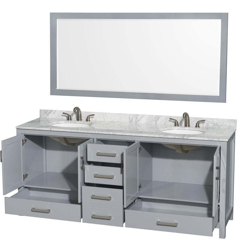 Wyndham Sheffield 80" Double Bathroom Vanity In Gray with White Carrara Marble Countertop Undermount Oval Sinks and 70" Mirror WCS141480DGYCMUNOM70