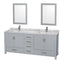 Wyndham Sheffield 80" Double Bathroom Vanity In Gray With White Carrara Marble Countertop Undermount Square Sinks And 24" Mirrors WCS141480DGYCMUNSM24