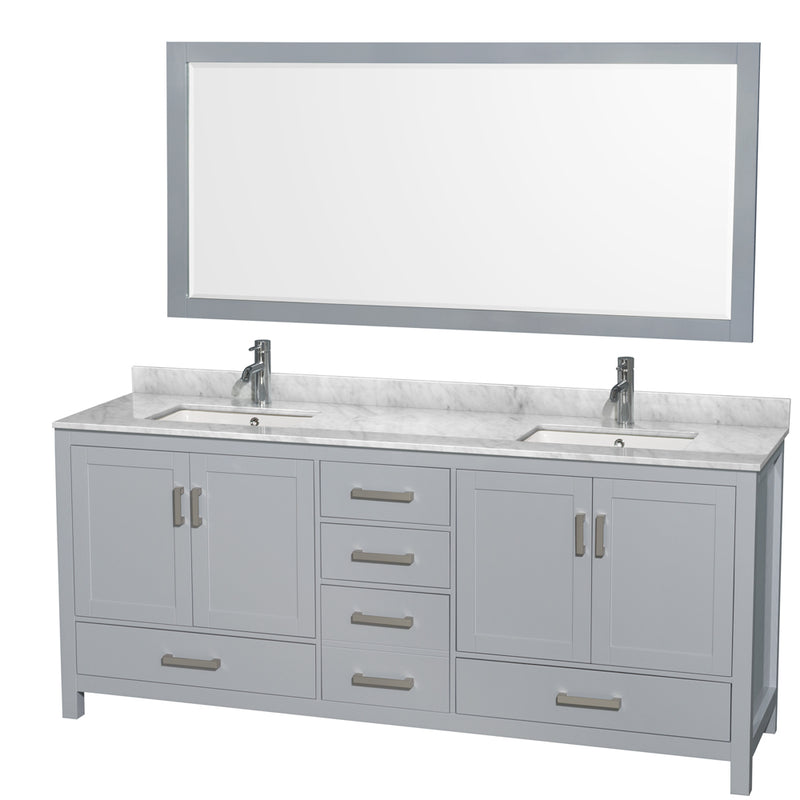 Wyndham Sheffield 80" Double Bathroom Vanity In Gray With White Carrara Marble Countertop Undermount Square Sinks And 70" Mirror WCS141480DGYCMUNSM70