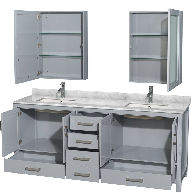 Wyndham Sheffield 80" Double Bathroom Vanity In Gray with White Carrara Marble Countertop Undermount Square Sinks and Medicine Cabinets WCS141480DGYCMUNSMED