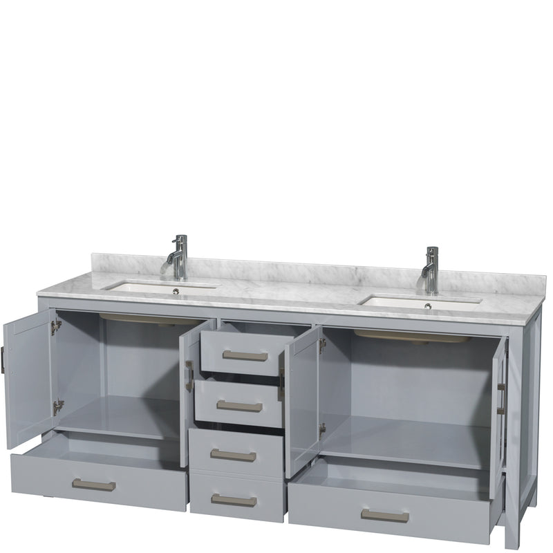 Wyndham Sheffield 80" Double Bathroom Vanity In Gray with White Carrara Marble Countertop Undermount Square Sinks and No Mirror WCS141480DGYCMUNSMXX