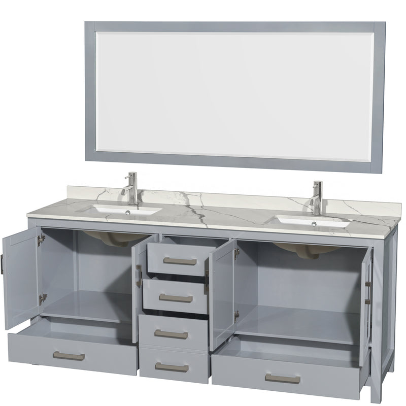 Wyndham AAA Sheffield 80" Double Bathroom Vanity In Gray with Calacatta Quartz Countertop Undermount Square Sinks and 70" Mirror WCS141480DGYCQUNSM70