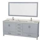 Wyndham AAA Sheffield 80" Double Bathroom Vanity In Gray With Calacatta Quartz Countertop Undermount Square Sinks And 70" Mirror WCS141480DGYCQUNSM70