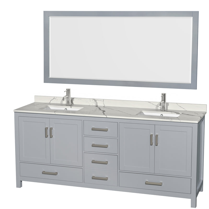 Wyndham AAA Sheffield 80" Double Bathroom Vanity In Gray With Calacatta Quartz Countertop Undermount Square Sinks And 70" Mirror WCS141480DGYCQUNSM70