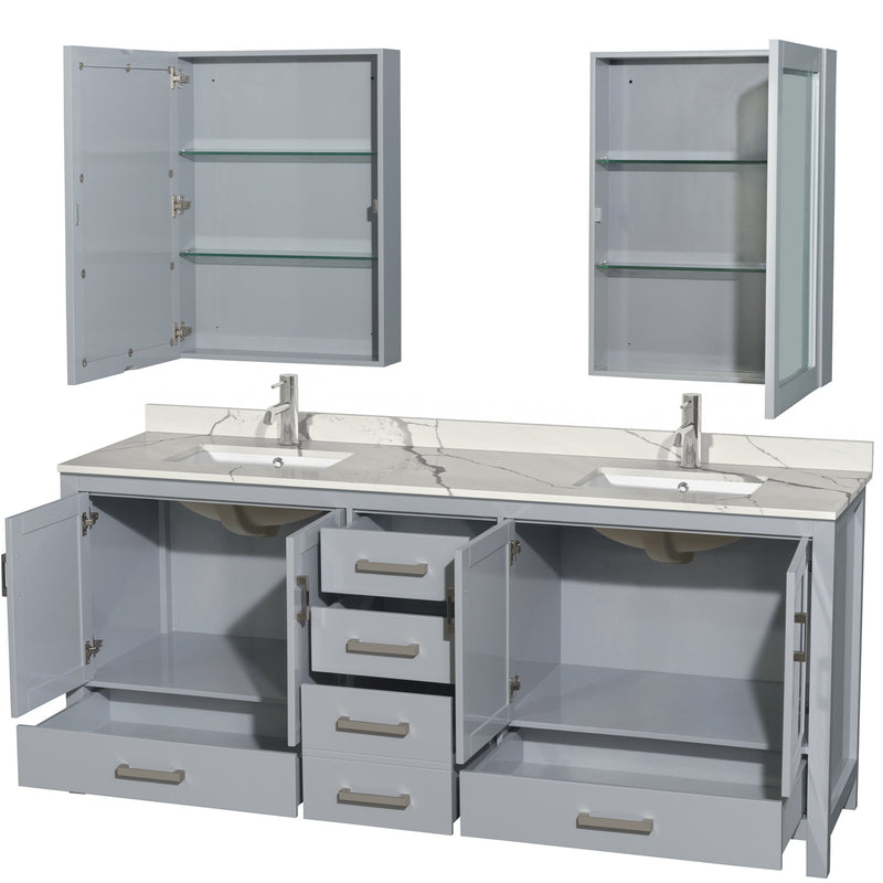 Wyndham AAA Sheffield 80" Double Bathroom Vanity In Gray with Calacatta Quartz Countertop Undermount Square Sinks and Medicine Cabinets WCS141480DGYCQUNSMED