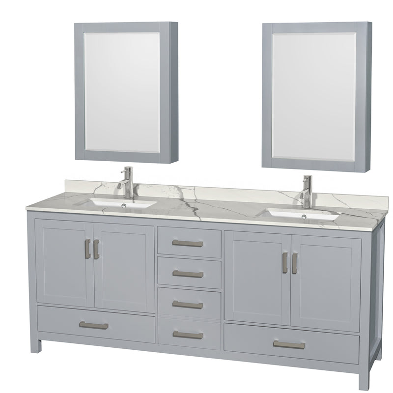 Wyndham AAA Sheffield 80" Double Bathroom Vanity In Gray With Calacatta Quartz Countertop Undermount Square Sinks And Medicine Cabinets WCS141480DGYCQUNSMED