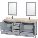 Wyndham AAA Sheffield 80" Double Bathroom Vanity In Gray with Ivory Marble Countertop Undermount Square Sinks and 24" Mirrors WCS141480DGYIVUNSM24