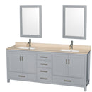 Wyndham AAA Sheffield 80" Double Bathroom Vanity In Gray With Ivory Marble Countertop Undermount Square Sinks And 24" Mirrors WCS141480DGYIVUNSM24