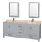 Wyndham AAA Sheffield 80" Double Bathroom Vanity In Gray With Ivory Marble Countertop Undermount Square Sinks And 24" Mirrors WCS141480DGYIVUNSM24