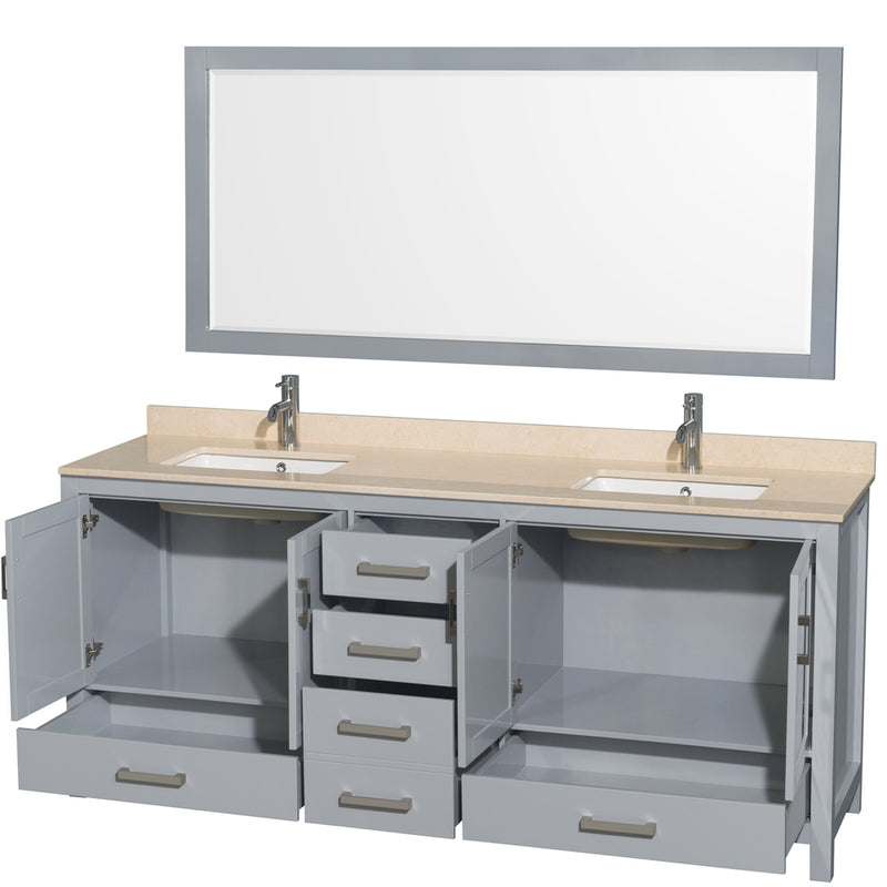 Wyndham AAA Sheffield 80" Double Bathroom Vanity In Gray with Ivory Marble Countertop Undermount Square Sinks and 70" Mirror WCS141480DGYIVUNSM70