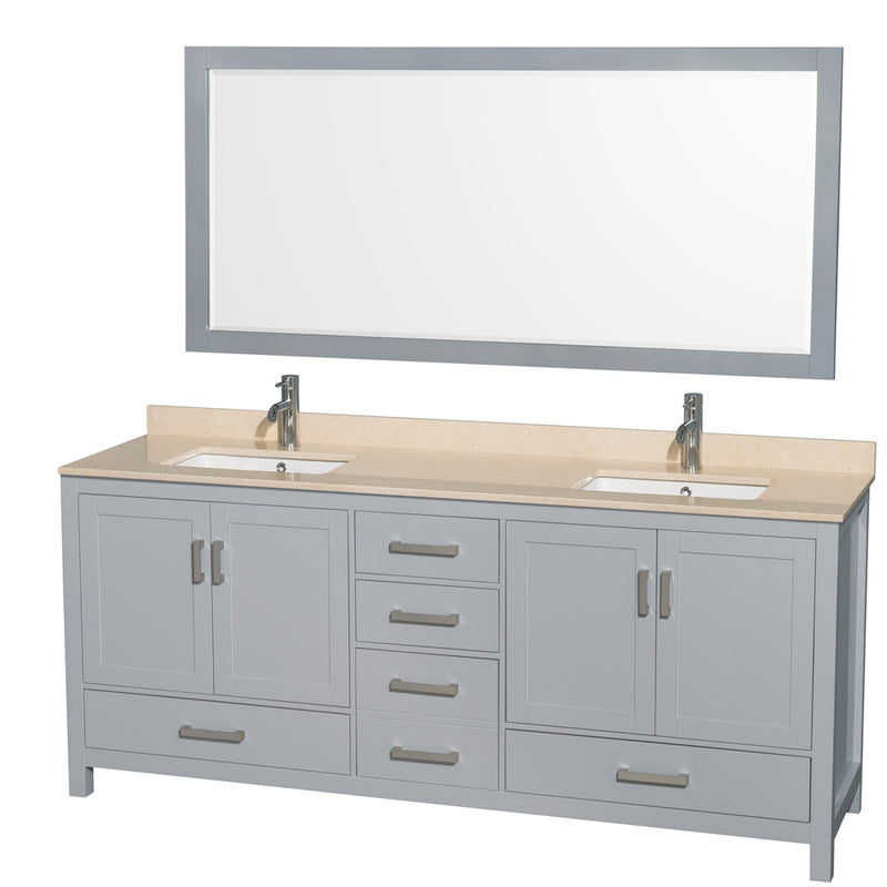 Wyndham AAA Sheffield 80" Double Bathroom Vanity In Gray With Ivory Marble Countertop Undermount Square Sinks And 70" Mirror WCS141480DGYIVUNSM70