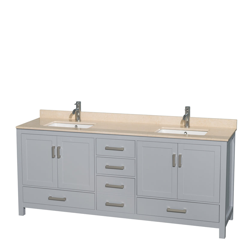 Wyndham AAA Sheffield 80" Double Bathroom Vanity In Gray With Ivory Marble Countertop Undermount Square Sinks And No Mirror WCS141480DGYIVUNSMXX