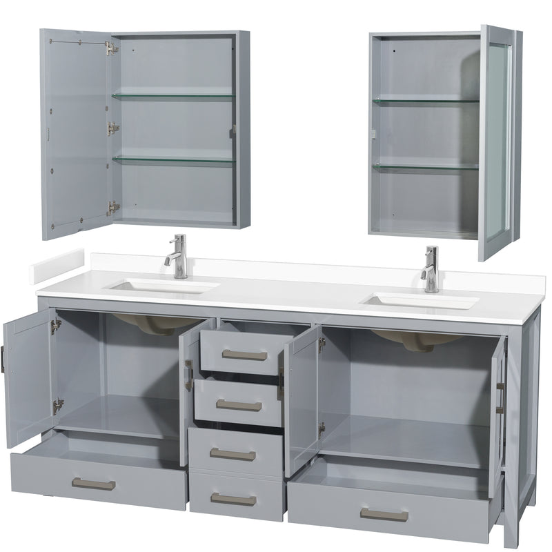 Wyndham Sheffield 80" Double Bathroom Vanity In Gray with White Cultured Marble Countertop Undermount Square Sinks and Medicine Cabinets WCS141480DGYWCUNSMED