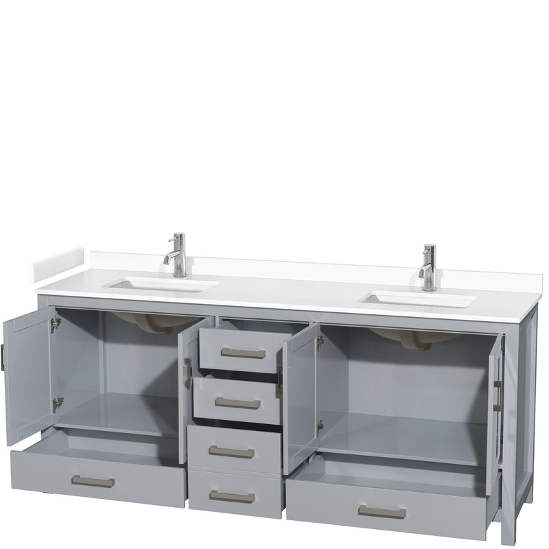 Wyndham Sheffield 80" Double Bathroom Vanity In Gray with White Cultured Marble Countertop Undermount Square Sinks and No Mirror WCS141480DGYWCUNSMXX