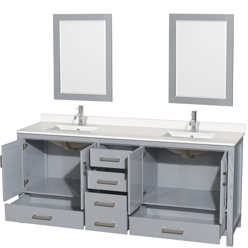 Wyndham AAA Sheffield 80" Double Bathroom Vanity In Gray with White Quartz Countertop Undermount Square Sinks and 24" Mirrors WCS141480DGYWQUNSM24