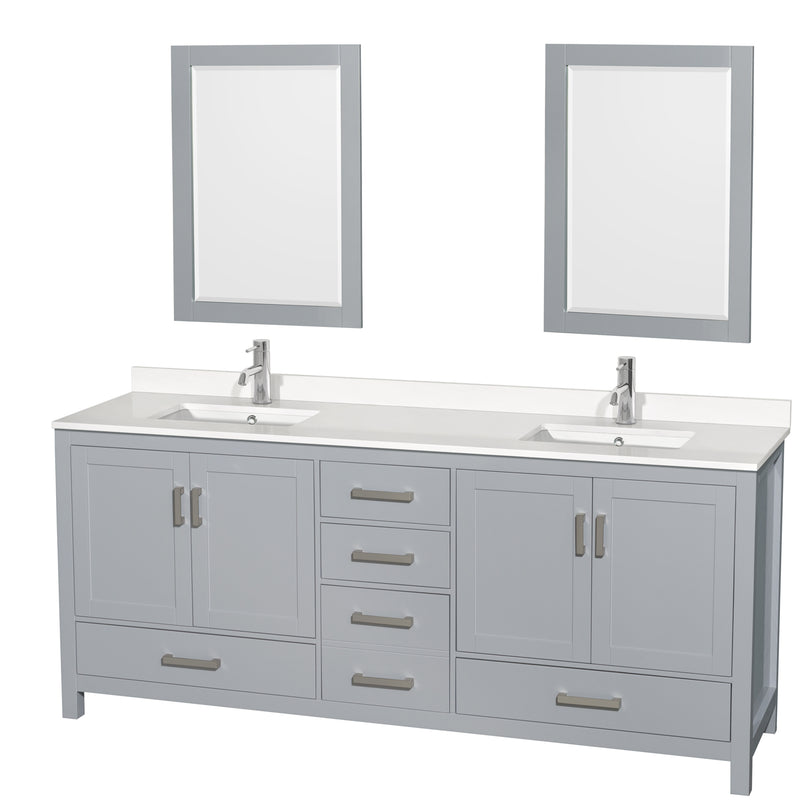 Wyndham AAA Sheffield 80" Double Bathroom Vanity In Gray With White Quartz Countertop Undermount Square Sinks And 24" Mirrors WCS141480DGYWQUNSM24