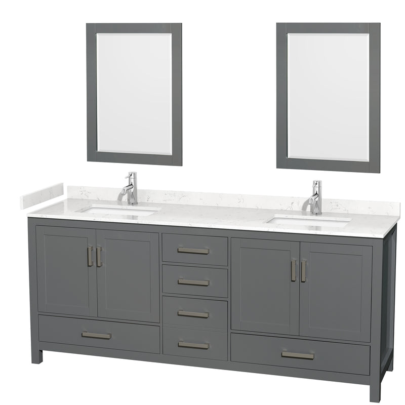 Wyndham Sheffield 80" Double Bathroom Vanity In Dark Gray With Carrara Cultured Marble Countertop Undermount Square Sinks And 24" Mirrors WCS141480DKGC2UNSM24