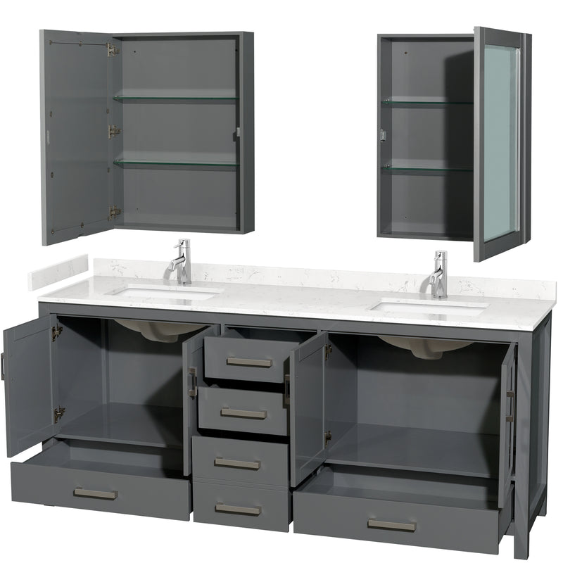 Wyndham Sheffield 80" Double Bathroom Vanity In Dark Gray with Carrara Cultured Marble Countertop Undermount Square Sinks and Medicine Cabinets WCS141480DKGC2UNSMED