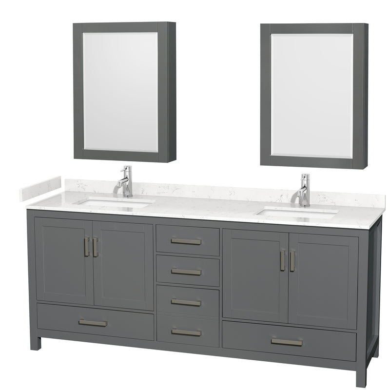 Wyndham Sheffield 80" Double Bathroom Vanity In Dark Gray With Carrara Cultured Marble Countertop Undermount Square Sinks And Medicine Cabinets WCS141480DKGC2UNSMED