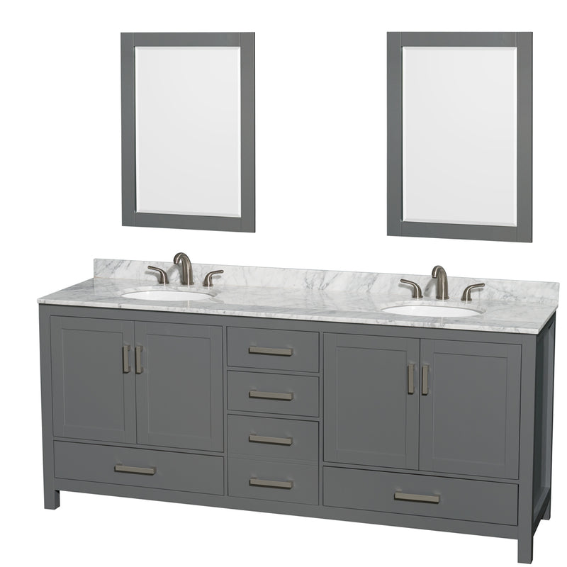 Wyndham Sheffield 80" Double Bathroom Vanity In Dark Gray With White Carrara Marble Countertop Undermount Oval Sinks And 24" Mirrors WCS141480DKGCMUNOM24