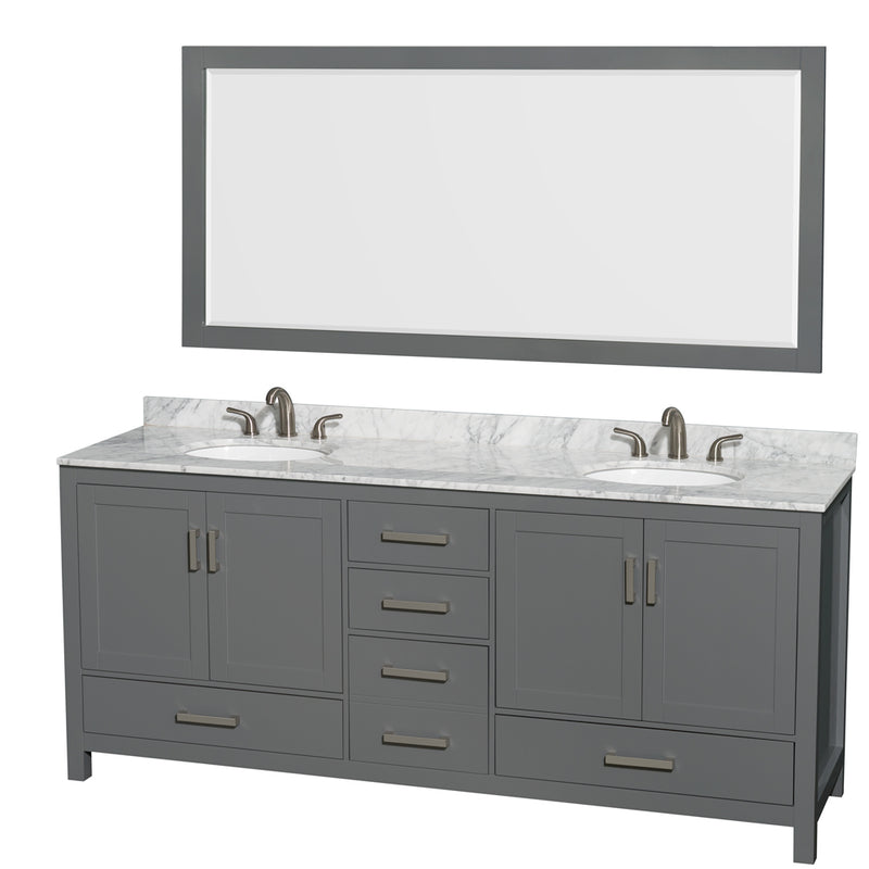 Wyndham Sheffield 80" Double Bathroom Vanity In Dark Gray With White Carrara Marble Countertop Undermount Oval Sinks And 70" Mirror WCS141480DKGCMUNOM70