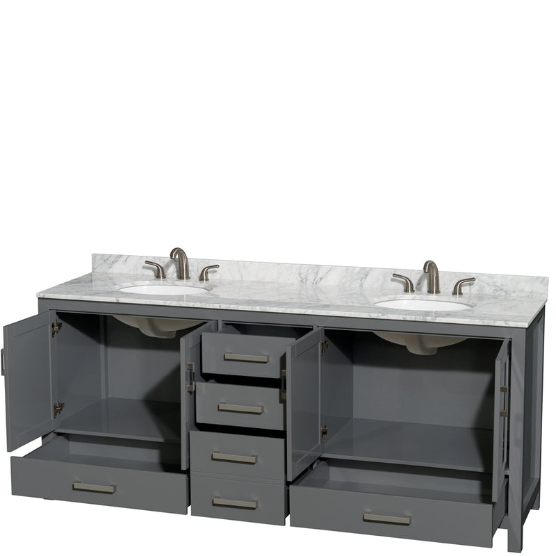 Wyndham Sheffield 80" Double Bathroom Vanity In Dark Gray with White Carrara Marble Countertop Undermount Oval Sinks and No Mirror WCS141480DKGCMUNOMXX