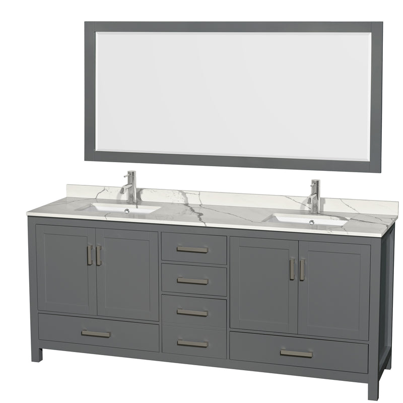 Wyndham AAA Sheffield 80" Double Bathroom Vanity In Dark Gray With Calacatta Quartz Countertop Undermount Square Sinks And 70" Mirror WCS141480DKGCQUNSM70