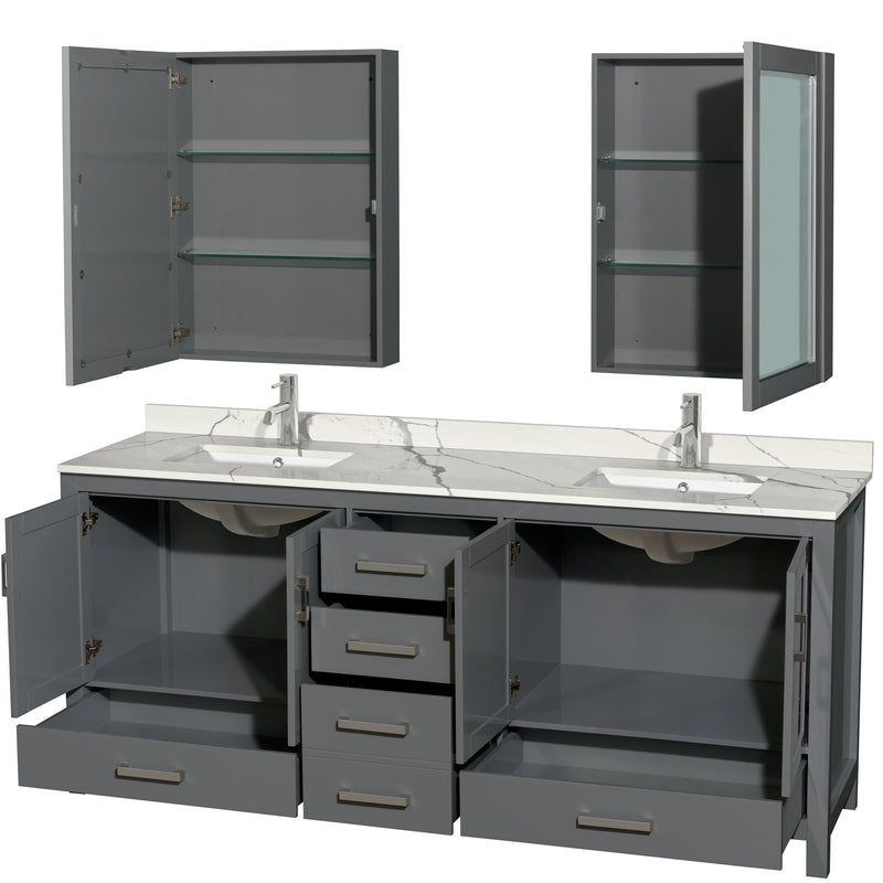 Wyndham AAA Sheffield 80" Double Bathroom Vanity In Dark Gray with Calacatta Quartz Countertop Undermount Square Sinks and Medicine Cabinets WCS141480DKGCQUNSMED