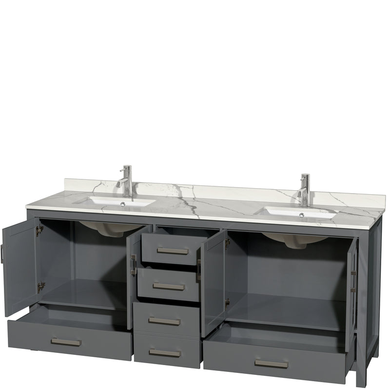 Wyndham AAA Sheffield 80" Double Bathroom Vanity In Dark Gray with Calacatta Quartz Countertop Undermount Square Sinks and No Mirror WCS141480DKGCQUNSMXX