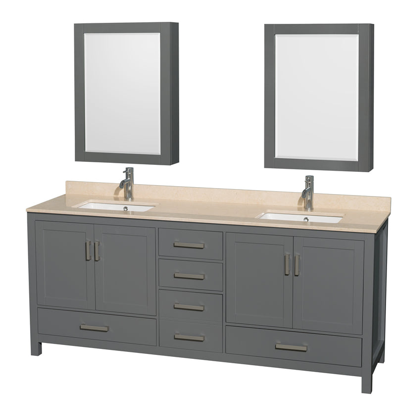 Wyndham AAA Sheffield 80" Double Bathroom Vanity In Dark Gray With Ivory Marble Countertop Undermount Square Sinks And Medicine Cabinets WCS141480DKGIVUNSMED