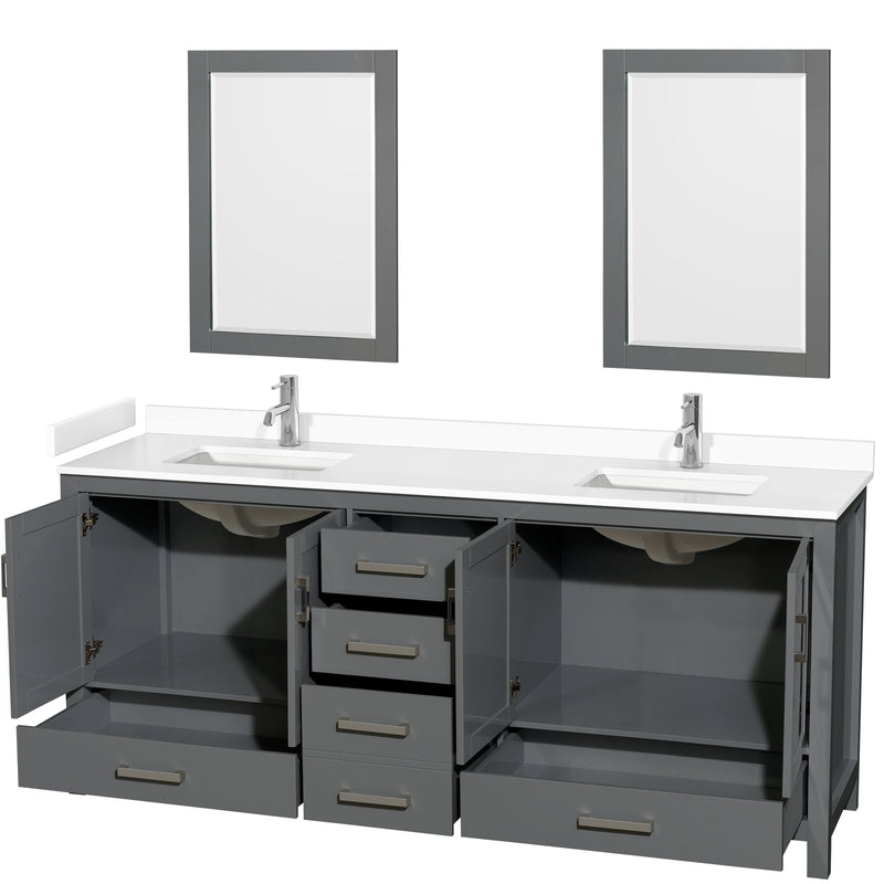 Wyndham Sheffield 80" Double Bathroom Vanity In Dark Gray with White Cultured Marble Countertop Undermount Square Sinks and 24" Mirrors WCS141480DKGWCUNSM24