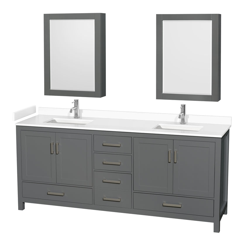 Wyndham Sheffield 80" Double Bathroom Vanity In Dark Gray With White Cultured Marble Countertop Undermount Square Sinks And Medicine Cabinets WCS141480DKGWCUNSMED