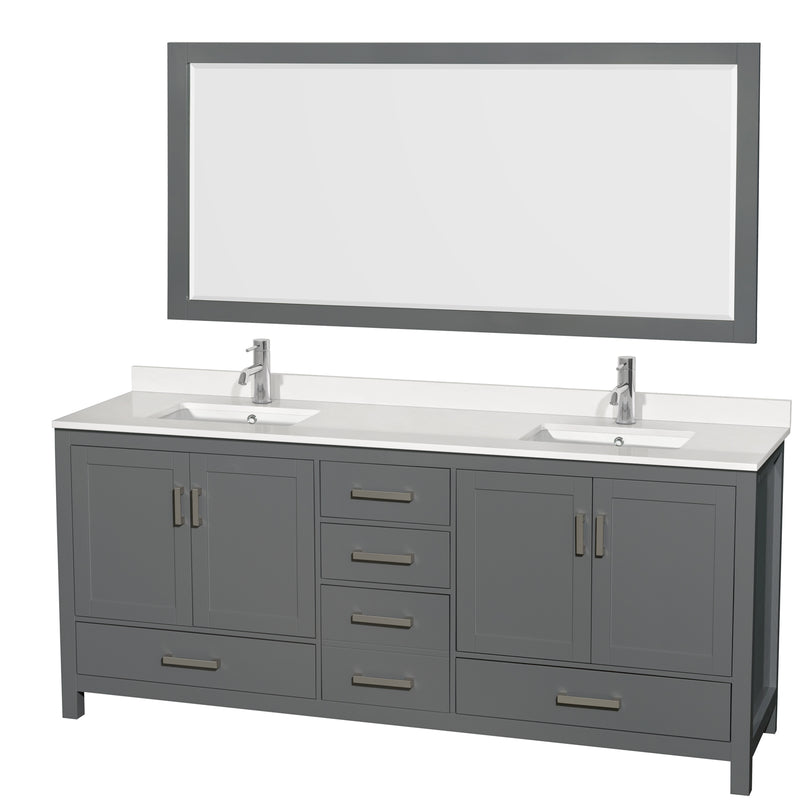 Wyndham AAA Sheffield 80" Double Bathroom Vanity In Dark Gray With White Quartz Countertop Undermount Square Sinks And 70" Mirror WCS141480DKGWQUNSM70