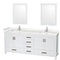 Wyndham Sheffield 80" Double Bathroom Vanity In White With Carrara Cultured Marble Countertop Undermount Square Sinks And 24" Mirrors WCS141480DWHC2UNSM24