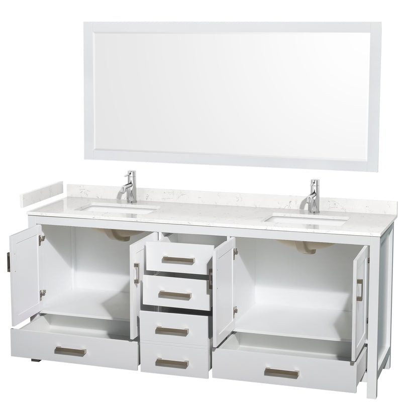 Wyndham Sheffield 80" Double Bathroom Vanity In White with Carrara Cultured Marble Countertop Undermount Square Sinks and 70" Mirror WCS141480DWHC2UNSM70