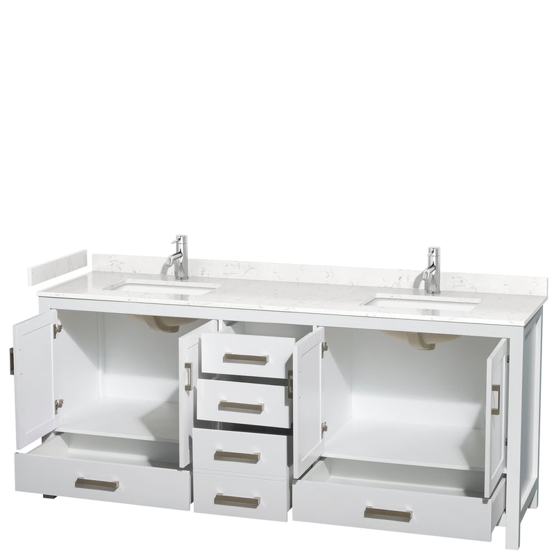 Wyndham Sheffield 80" Double Bathroom Vanity In White with Carrara Cultured Marble Countertop Undermount Square Sinks and No Mirror WCS141480DWHC2UNSMXX