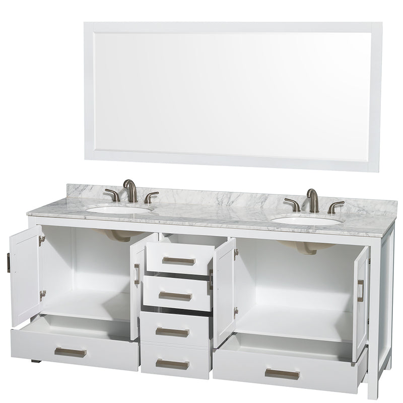 Wyndham Sheffield 80" Double Bathroom Vanity In White White Carrara Marble Countertop Undermount Oval Sinks and 70" Mirror WCS141480DWHCMUNOM70