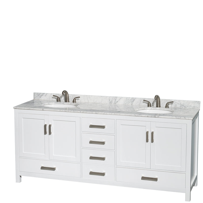 Wyndham Sheffield 80" Double Bathroom Vanity In White White Carrara Marble Countertop Undermount Oval Sinks and 24" Mirrors WCS141480DWHCMUNOM24