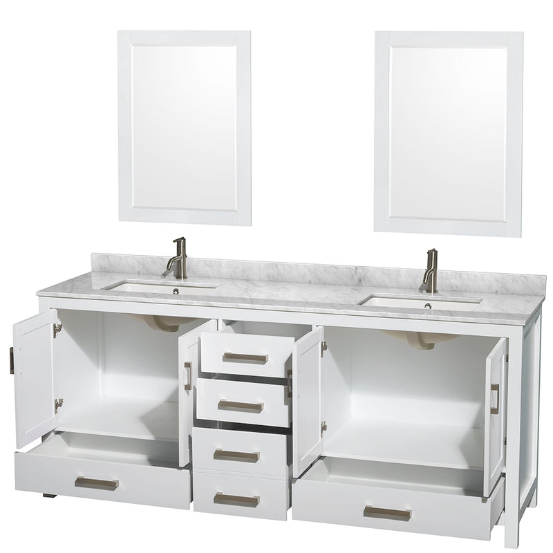 Wyndham Sheffield 80" Double Bathroom Vanity In White White Carrara Marble Countertop Undermount Square Sinks and 24" Mirrors WCS141480DWHCMUNSM24