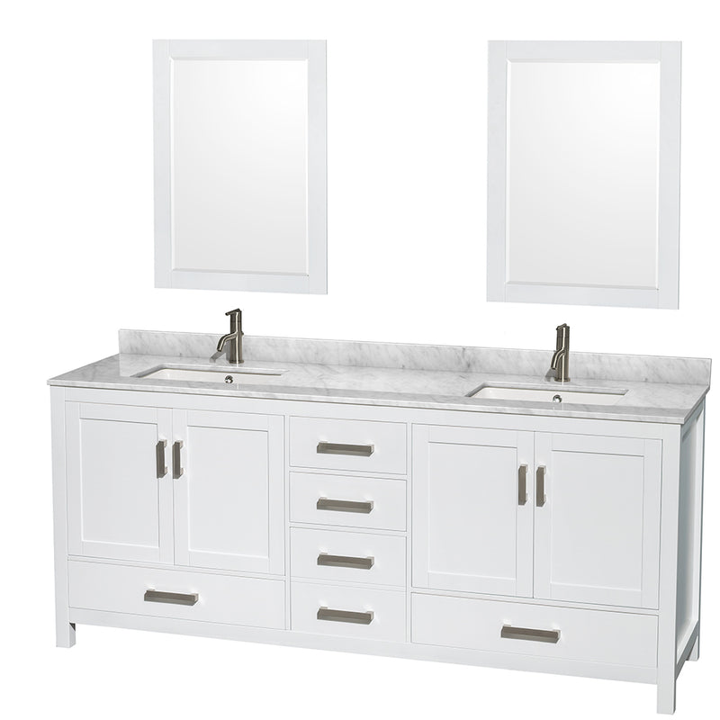 Wyndham Sheffield 80" Double Bathroom Vanity In White White Carrara Marble Countertop Undermount Square Sinks And 24" Mirrors WCS141480DWHCMUNSM24