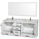 Wyndham Sheffield 80" Double Bathroom Vanity In White White Carrara Marble Countertop Undermount Square Sinks and 70" Mirror WCS141480DWHCMUNSM70