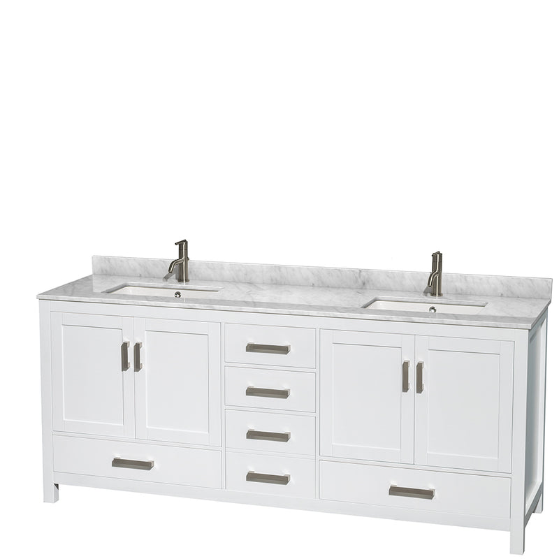 Wyndham Sheffield 80" Double Bathroom Vanity In White White Carrara Marble Countertop Undermount Square Sinks and 70" Mirror WCS141480DWHCMUNSM70