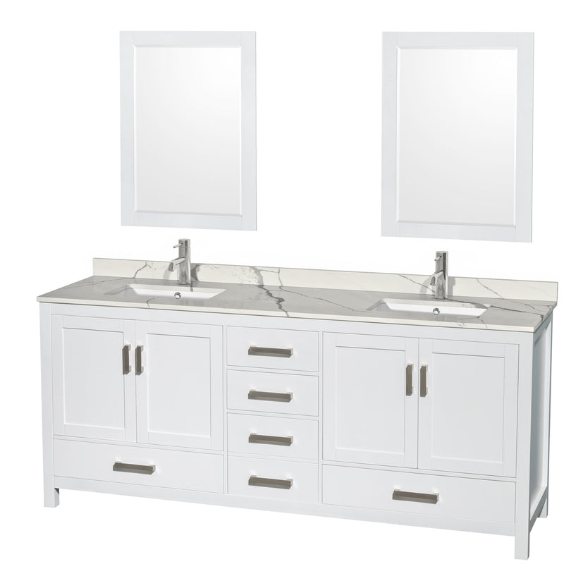 Wyndham AAA Sheffield 80" Double Bathroom Vanity In White With Calacatta Quartz Countertop Undermount Square Sinks And 24" Mirrors WCS141480DWHCQUNSM24