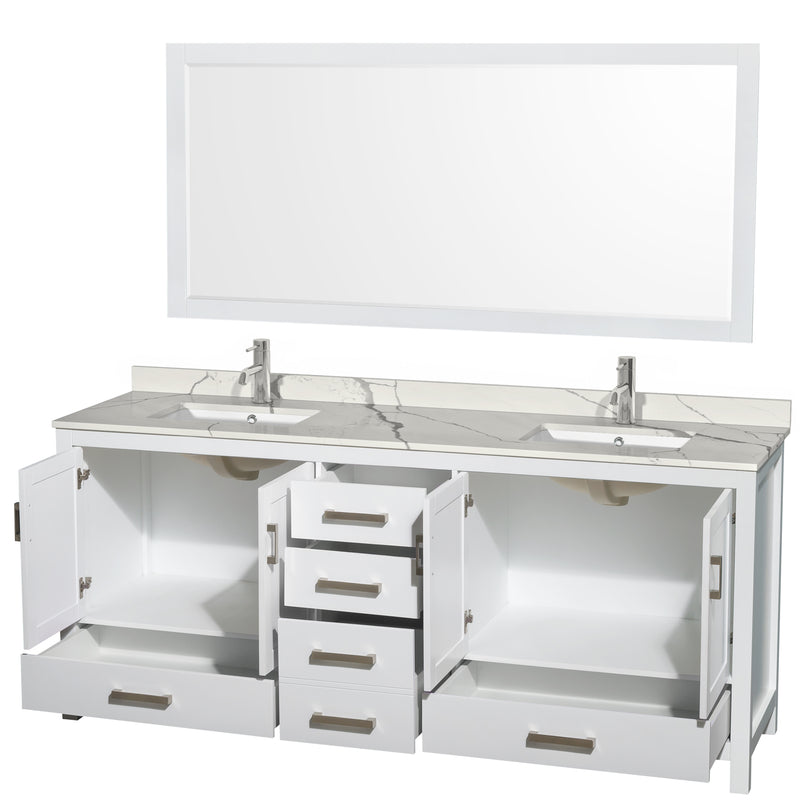 Wyndham AAA Sheffield 80" Double Bathroom Vanity In White with Calacatta Quartz Countertop Undermount Square Sinks and 70" Mirror WCS141480DWHCQUNSM70