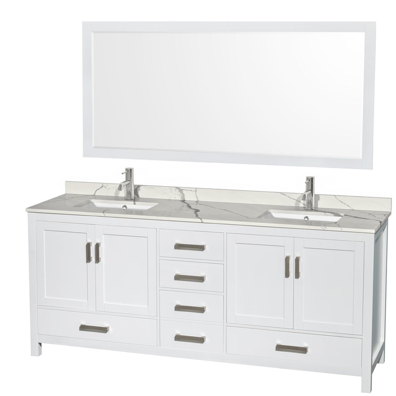 Wyndham AAA Sheffield 80" Double Bathroom Vanity In White With Calacatta Quartz Countertop Undermount Square Sinks And 70" Mirror WCS141480DWHCQUNSM70