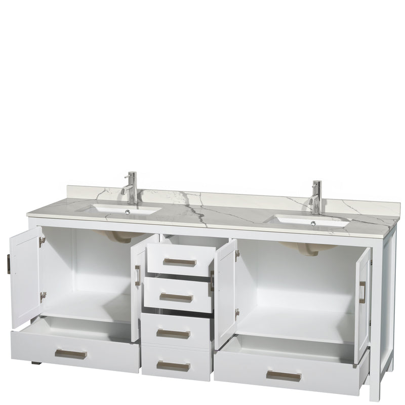 Wyndham AAA Sheffield 80" Double Bathroom Vanity In White with Calacatta Quartz Countertop Undermount Square Sinks and No Mirror WCS141480DWHCQUNSMXX