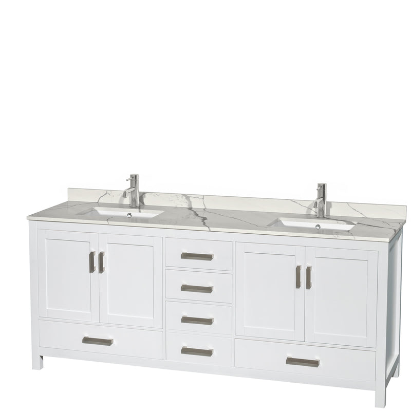 Wyndham AAA Sheffield 80" Double Bathroom Vanity In White With Calacatta Quartz Countertop Undermount Square Sinks And No Mirror WCS141480DWHCQUNSMXX