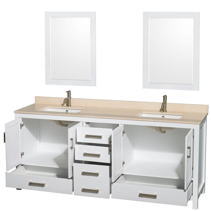 Wyndham AAA Sheffield 80" Double Bathroom Vanity In White Ivory Marble Countertop Undermount Square Sinks and 24" Mirrors WCS141480DWHIVUNSM24