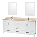 Wyndham AAA Sheffield 80" Double Bathroom Vanity In White Ivory Marble Countertop Undermount Square Sinks And 24" Mirrors WCS141480DWHIVUNSM24