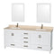 Wyndham AAA Sheffield 80" Double Bathroom Vanity In White Ivory Marble Countertop Undermount Square Sinks And 24" Mirrors WCS141480DWHIVUNSM24